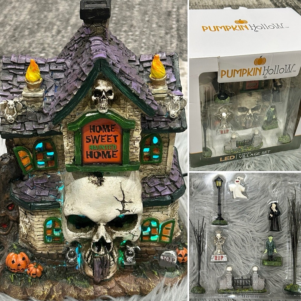 Pumpkin Hollow Halloween "Home Sweet Haunted Home" With 8 Village Accessories